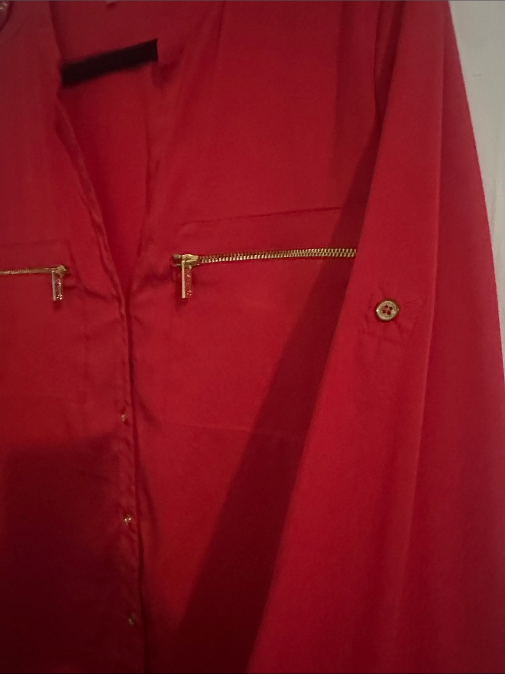 Calvin Klein Red Long-Sleeve Button-Down Shirt with Gold Zippers - Picture 3 of 3
